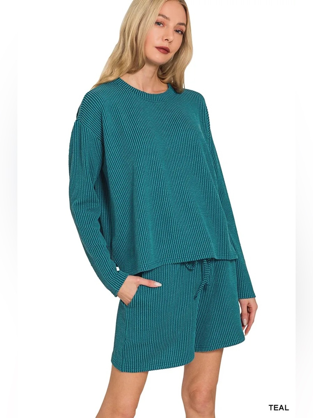 Zenana Teal Ribbed Matching Set Long Sleeve Top & Shorts Size S